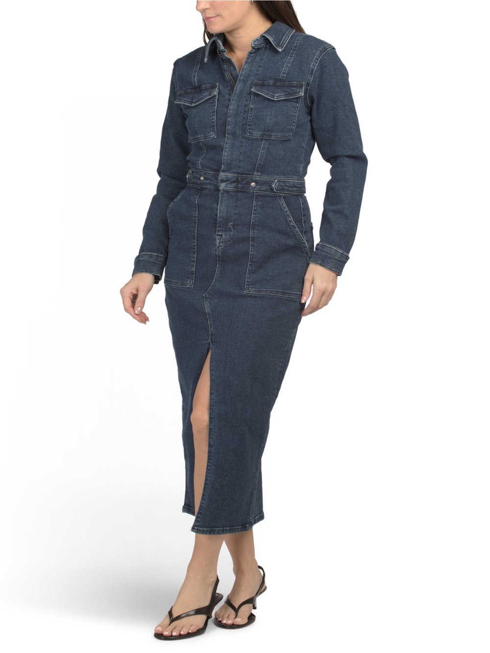 Good American Dark Wash Denim Midi Shirt Dress
